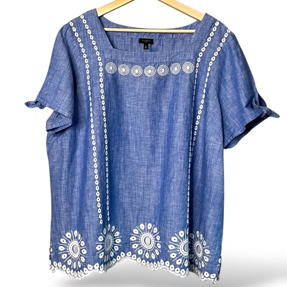 TALBOTS Linen Cotton Blend Chambray Embroidered Flared Top Tie Sleeves US Sz 2X - Picture 3 of 9